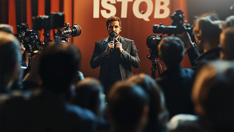 Expansion of our range of ISTQB® certifications Graphic ISTQB in press format in front of journalists and cameras
