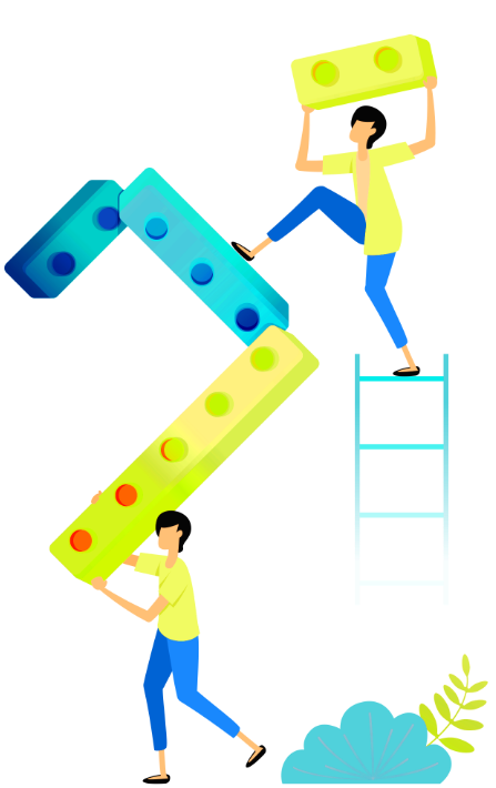 Two vector cartoon people wearing lego building blocks agile methods
